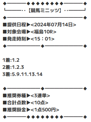 競馬ミニッツの有料予想7月14日福島10R