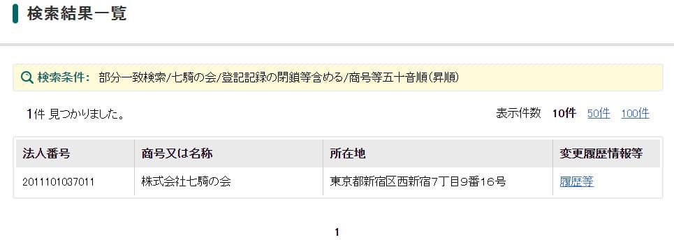 法人番号好評サイトでの七騎の会の検索結果