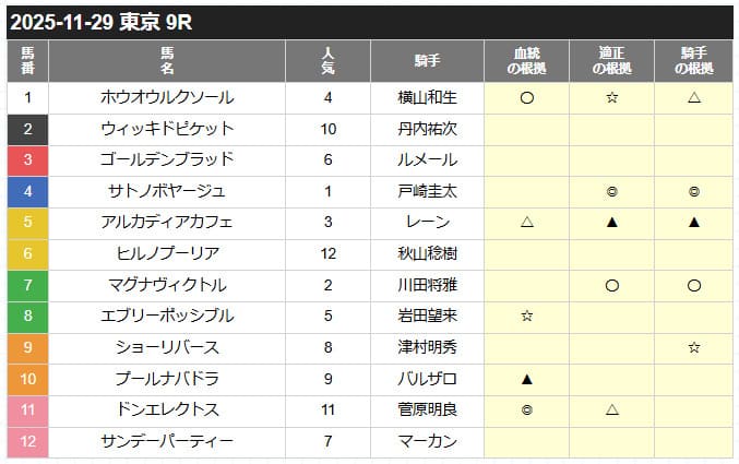 2025年11月29日 東京9R予想